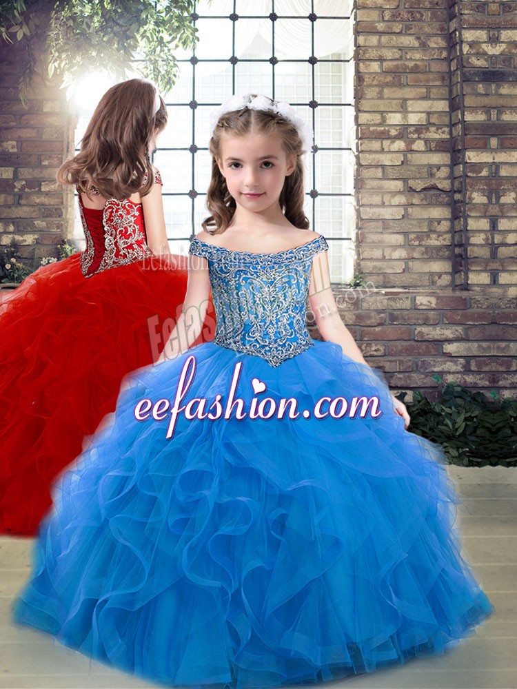  Floor Length Ball Gowns Sleeveless Blue Girls Pageant Dresses Lace Up
