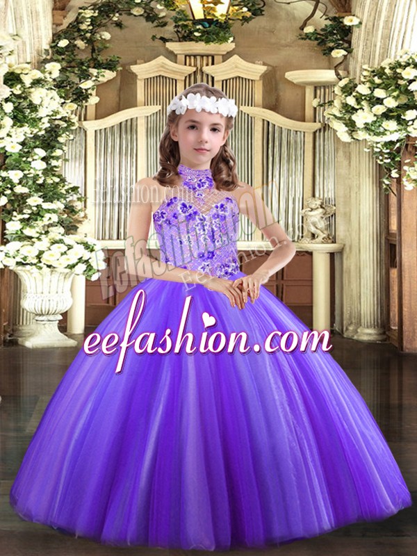  Sleeveless Tulle Floor Length Lace Up Kids Formal Wear in Lavender with Appliques