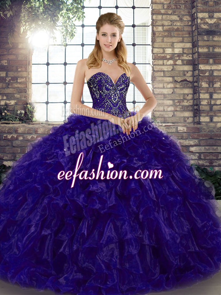Trendy Purple Sweetheart Neckline Beading and Ruffles Sweet 16 Dresses Sleeveless Lace Up