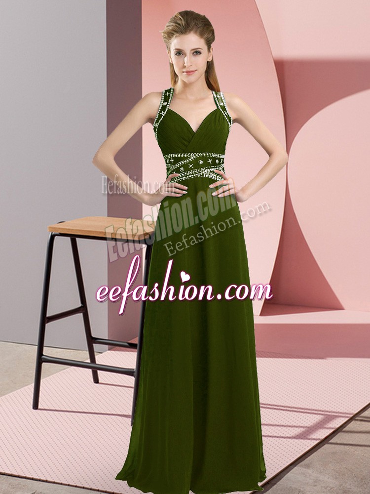  Olive Green Sleeveless Floor Length Beading Backless Dress for Prom