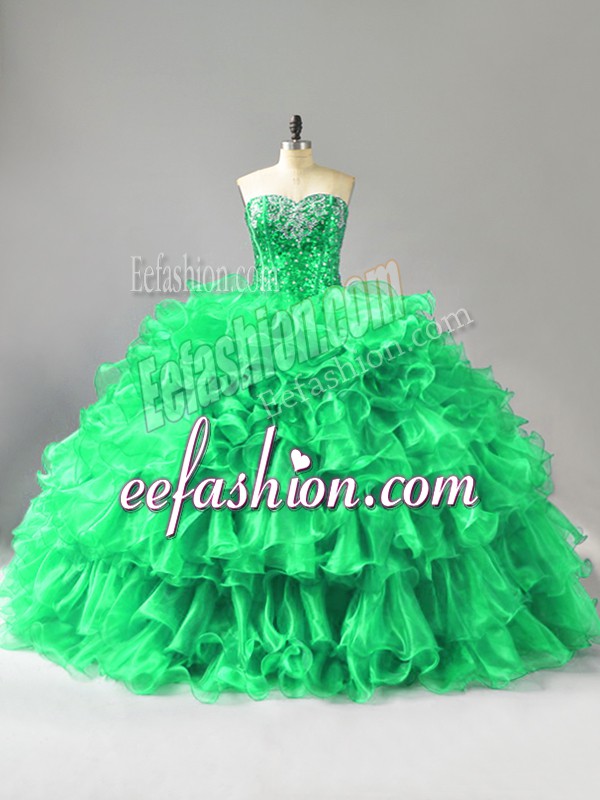  Green Sleeveless Beading and Ruffles Lace Up Ball Gown Prom Dress