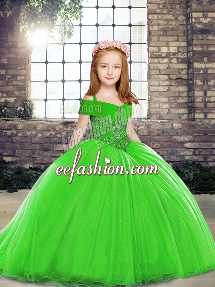  Green Ball Gowns Straps Sleeveless Tulle Brush Train Lace Up Beading Pageant Gowns For Girls