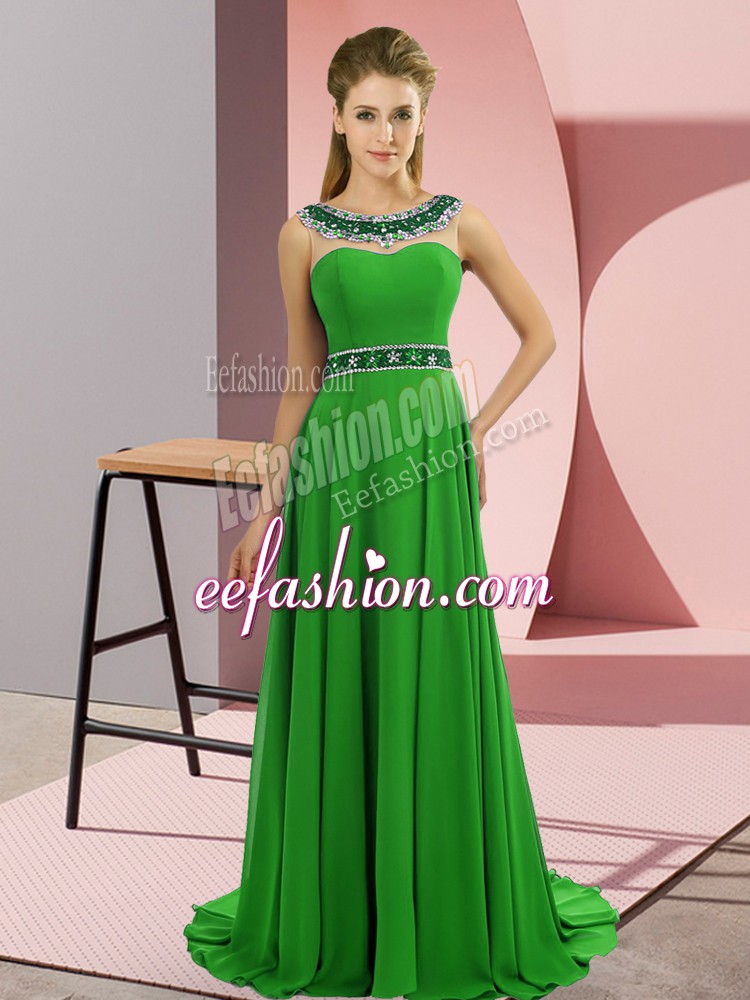  Green Empire Scoop Sleeveless Chiffon Brush Train Zipper Beading Dress for Prom