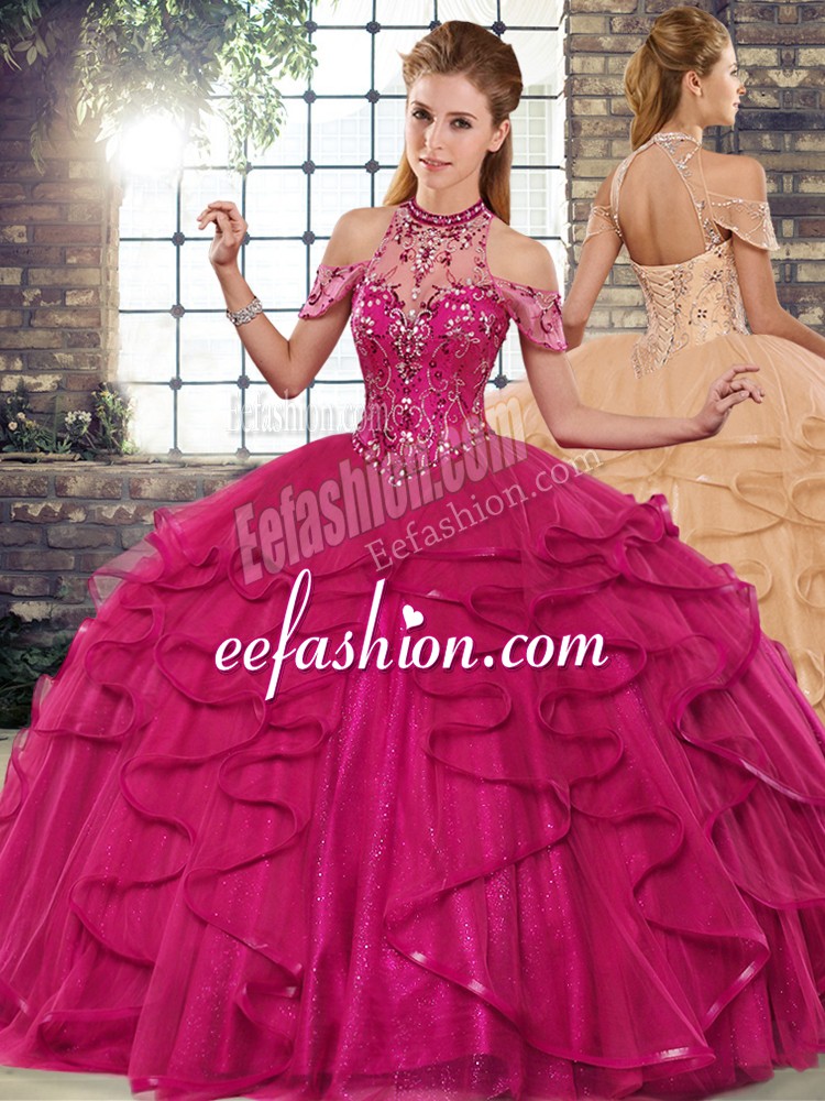 Dramatic Halter Top Sleeveless Lace Up Ball Gown Prom Dress Fuchsia Tulle