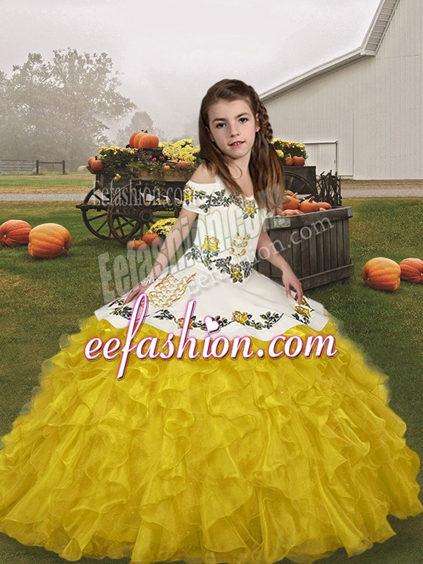  Ball Gowns Girls Pageant Dresses Gold Straps Organza Sleeveless Floor Length Lace Up