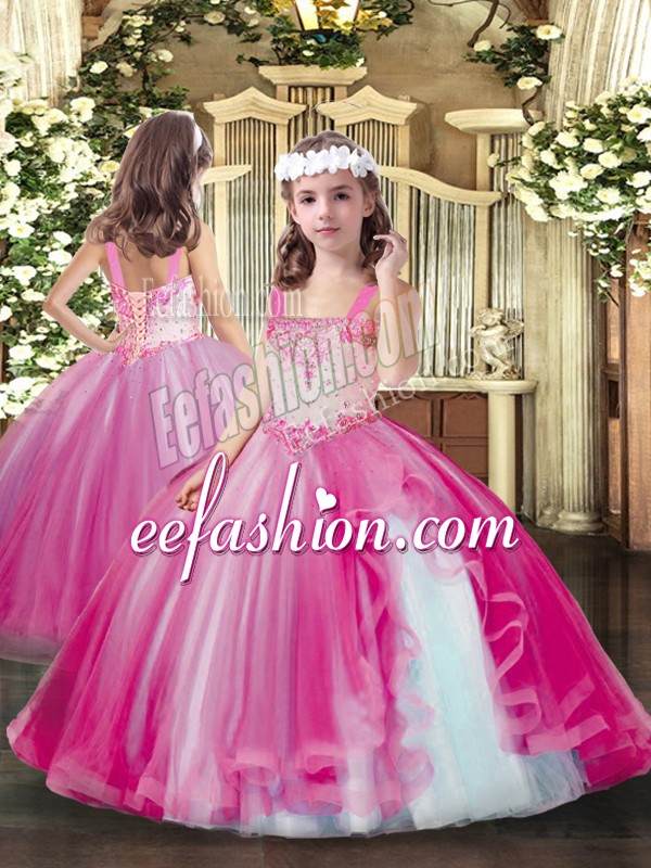  Floor Length Lace Up Kids Formal Wear Hot Pink for Party and Sweet 16 and Wedding Party with Beading