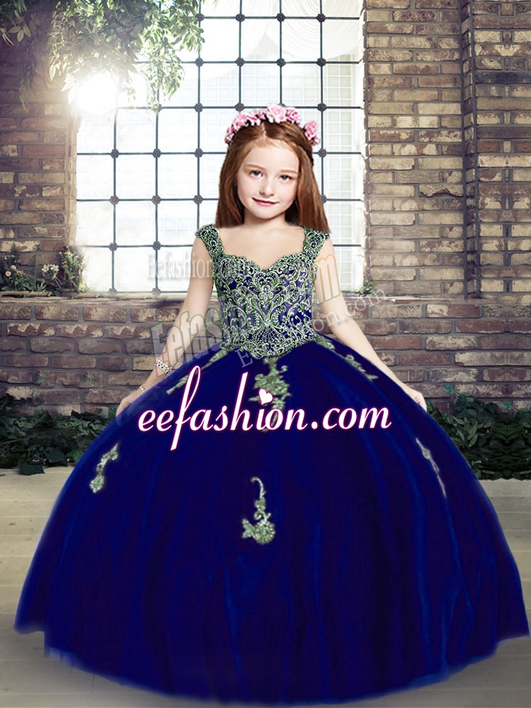 Low Price Floor Length Lace Up Little Girl Pageant Dress Royal Blue for Party and Military Ball and Wedding Party with Appliques
