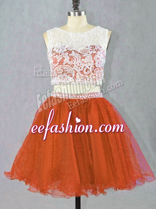 Customized Two Pieces Prom Evening Gown Red Scoop Organza Sleeveless Mini Length Zipper