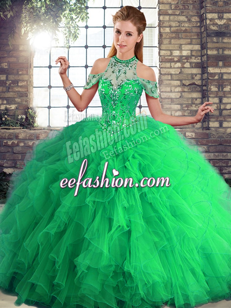  Halter Top Sleeveless Lace Up Sweet 16 Dress Green Tulle