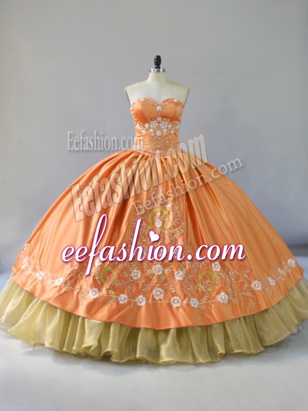 Chic Orange Ball Gowns Embroidery and Ruffled Layers Quinceanera Gowns Lace Up Satin and Organza Sleeveless Floor Length