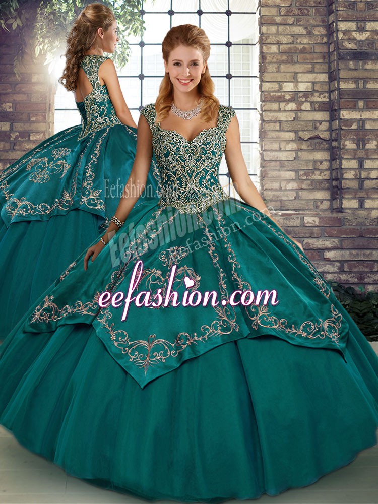 Trendy Ball Gowns Quinceanera Dress Teal Straps Tulle Sleeveless Floor Length Lace Up