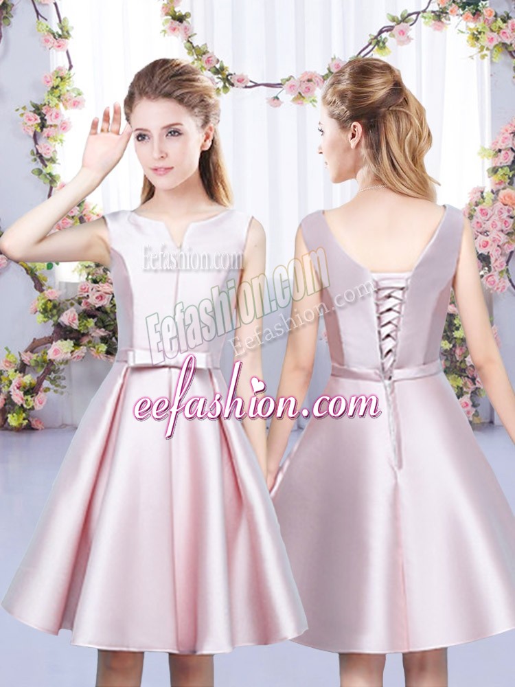  Baby Pink Lace Up V-neck Bowknot Quinceanera Dama Dress Satin Sleeveless
