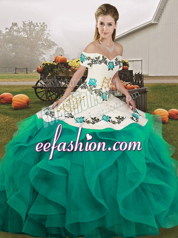 Fashion Embroidery and Ruffles Quinceanera Gown Turquoise Lace Up Sleeveless Floor Length