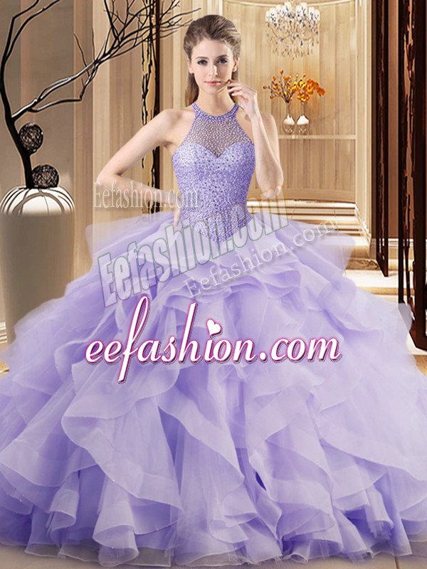  Lavender Lace Up Quinceanera Gown Beading and Ruffles Sleeveless Sweep Train