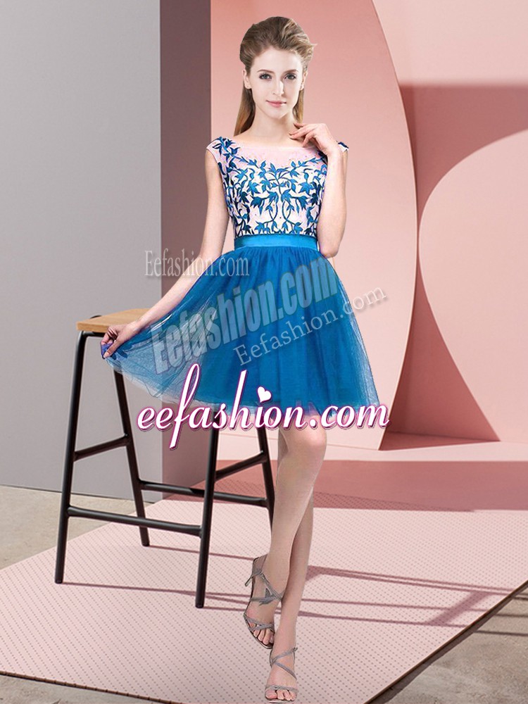 Enchanting A-line Bridesmaid Gown Blue Bateau Tulle Sleeveless Mini Length Zipper