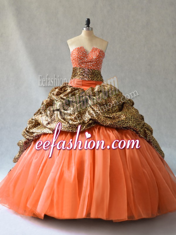 Suitable Orange Ball Gowns V-neck Sleeveless Organza and Printed Brush Train Lace Up Beading and Pick Ups Quinceanera Gown
