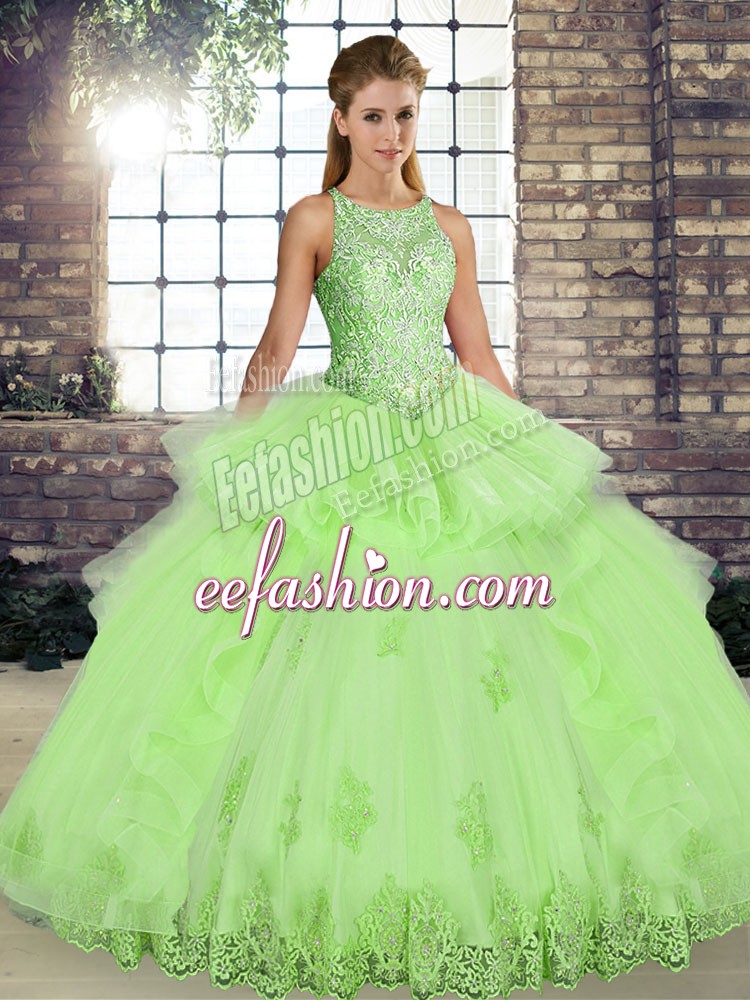 Comfortable Floor Length Yellow Green Sweet 16 Dress Scoop Sleeveless Lace Up