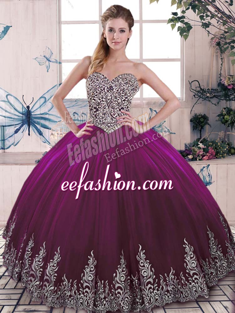 Hot Selling Sweetheart Sleeveless Quinceanera Dresses Floor Length Beading and Embroidery Fuchsia Tulle