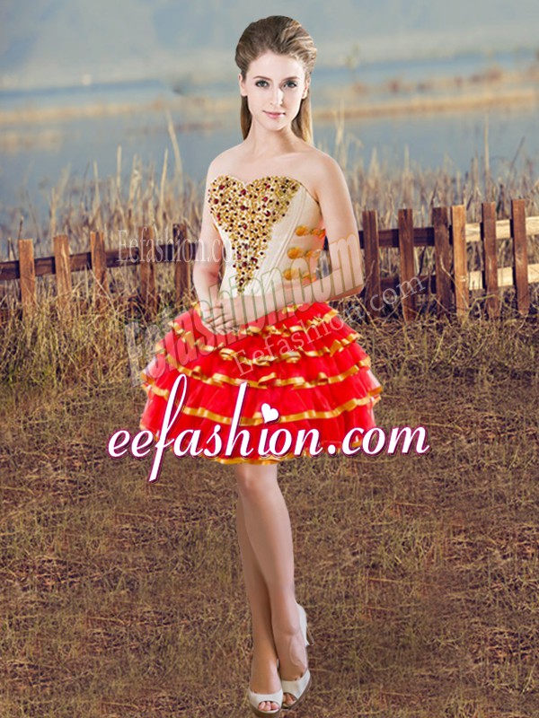  Red Prom Dress Prom and Party and Military Ball with Beading and Ruffled Layers Sweetheart Sleeveless Lace Up