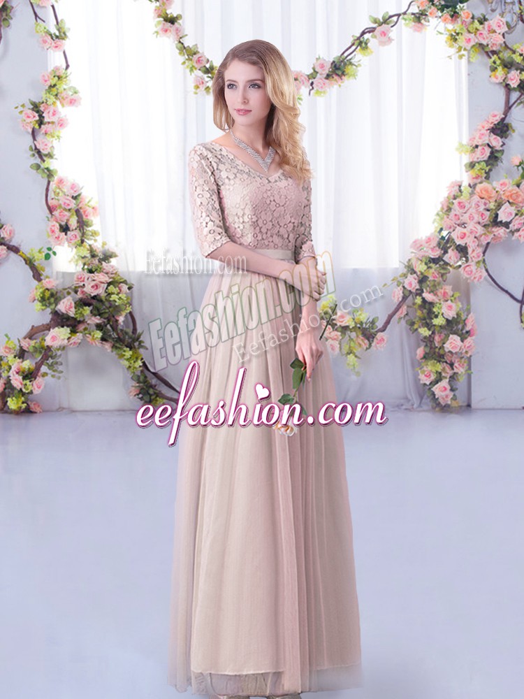 Comfortable Empire Bridesmaid Dress Pink V-neck Tulle Half Sleeves Floor Length Side Zipper