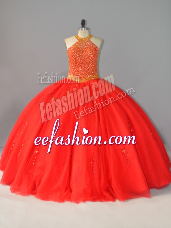  Sleeveless Floor Length Beading Lace Up Quinceanera Dresses with Red