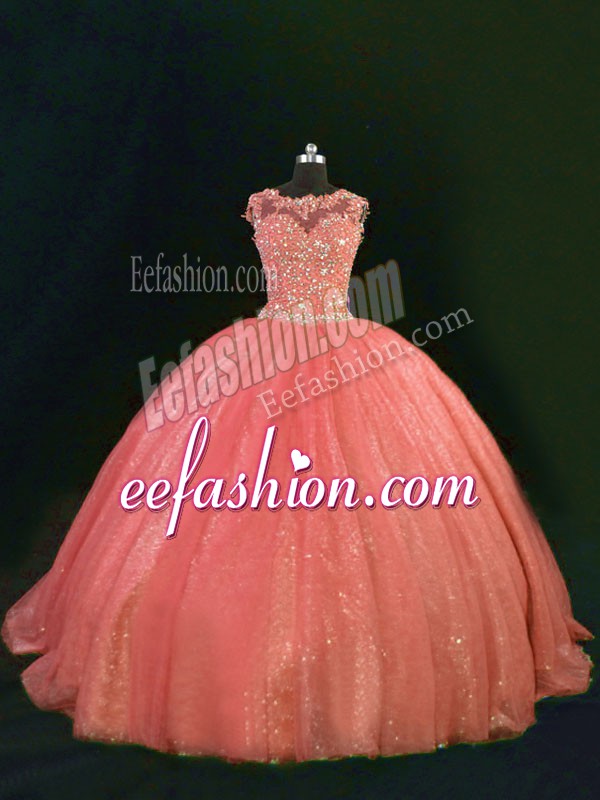 Extravagant Sleeveless Floor Length Beading and Lace Lace Up Sweet 16 Dresses with Orange