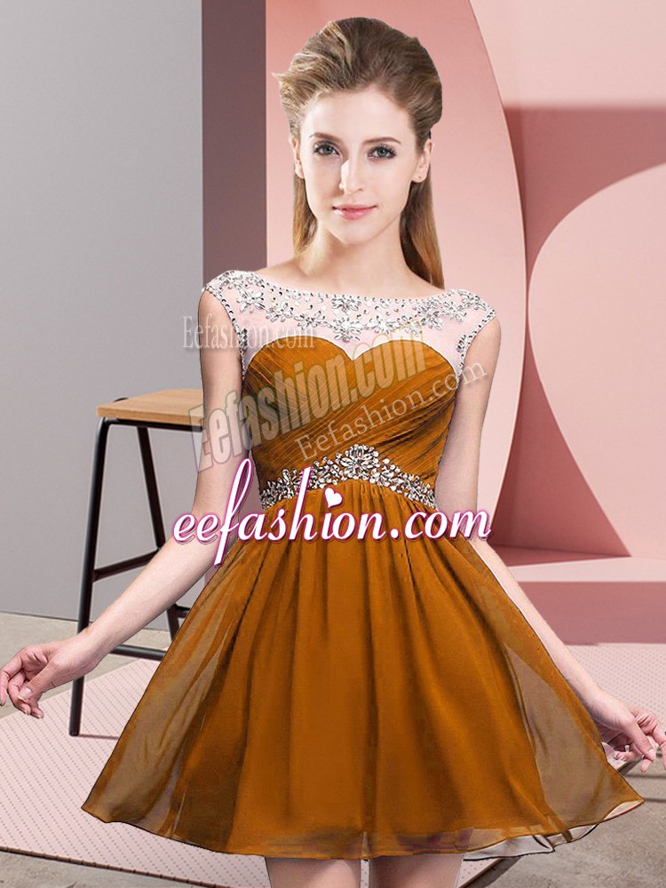 Customized Brown Chiffon Backless Prom Dress Sleeveless Mini Length Beading and Ruching