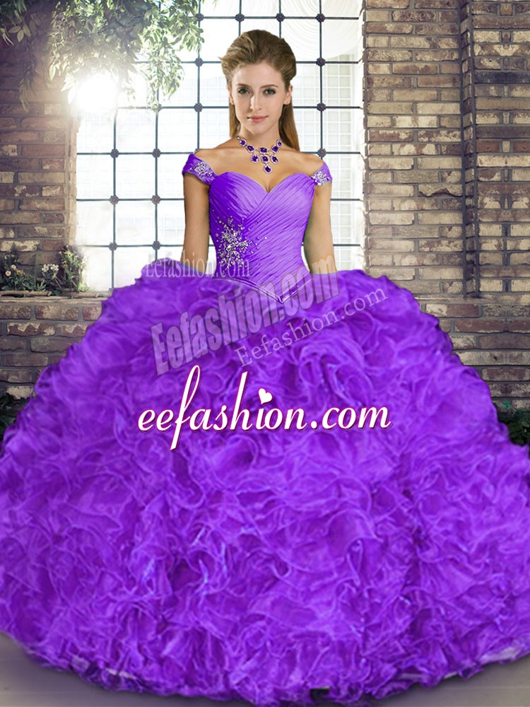 Lovely Sleeveless Floor Length Beading and Ruffles Lace Up 15 Quinceanera Dress with Lavender
