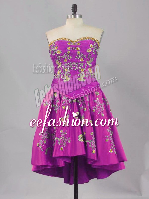  Purple Sleeveless Mini Length Embroidery Lace Up Dress for Prom