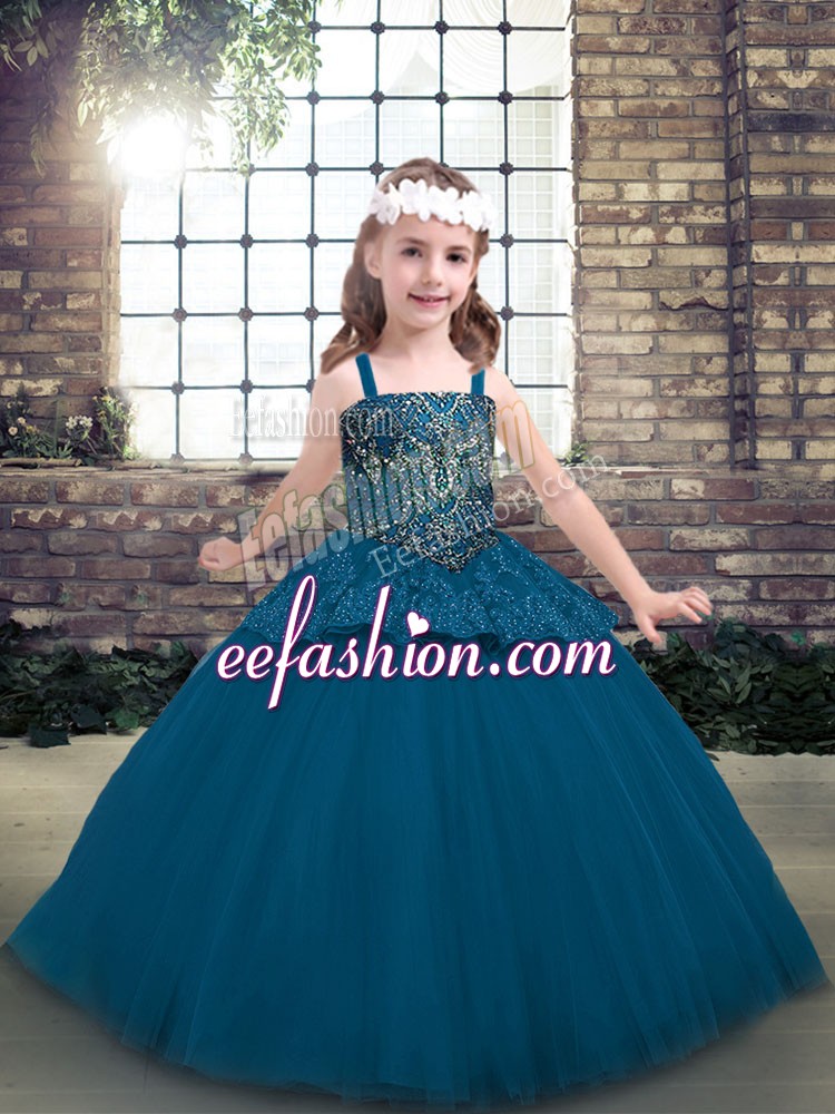 Custom Designed Straps Sleeveless Lace Up Kids Pageant Dress Blue Tulle