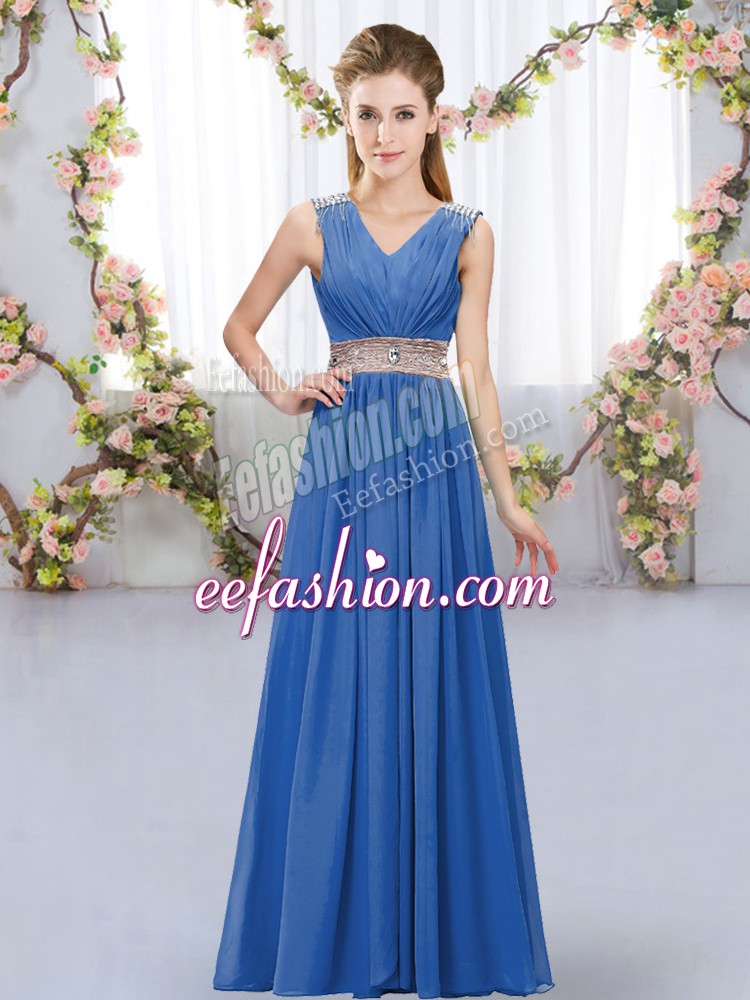 Artistic Blue Sleeveless Floor Length Beading and Belt Lace Up Bridesmaid Dresses