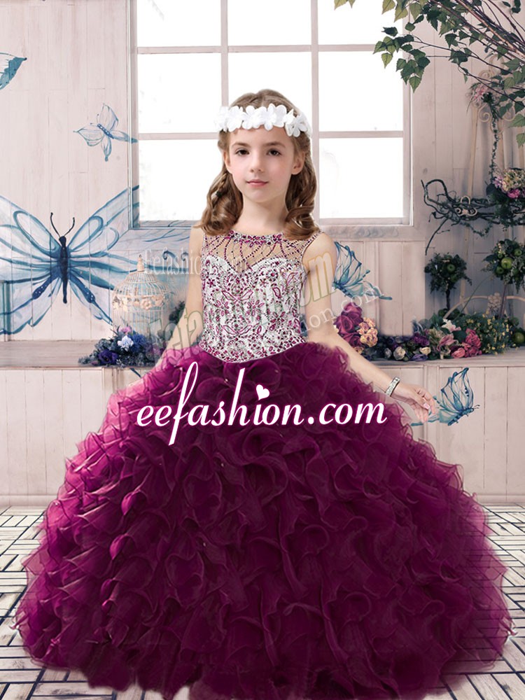 Hot Sale Sleeveless Organza Floor Length Lace Up Little Girls Pageant Gowns in Dark Purple with Beading and Ruffles