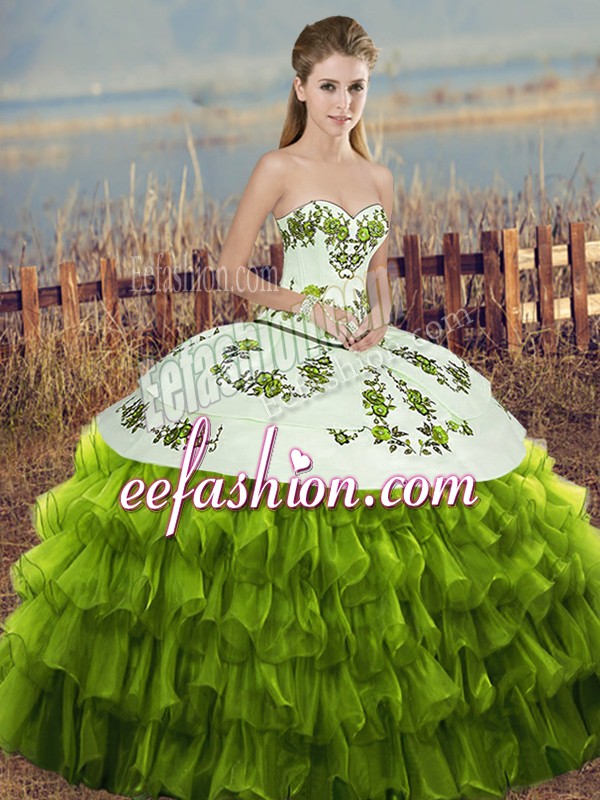  Sleeveless Organza Floor Length Lace Up 15th Birthday Dress in Olive Green with Embroidery and Ruffled Layers and Bowknot