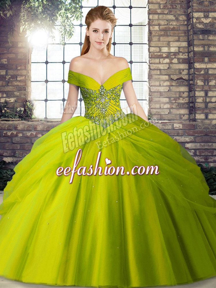  Beading and Pick Ups Quinceanera Gowns Olive Green Lace Up Sleeveless Brush Train