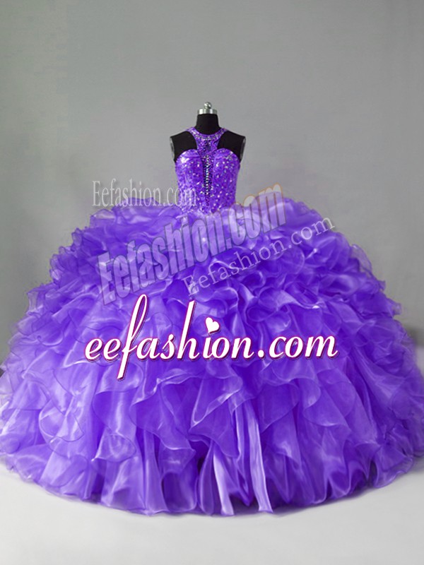  Lavender Zipper Halter Top Beading and Ruffles Sweet 16 Dresses Organza Sleeveless Brush Train