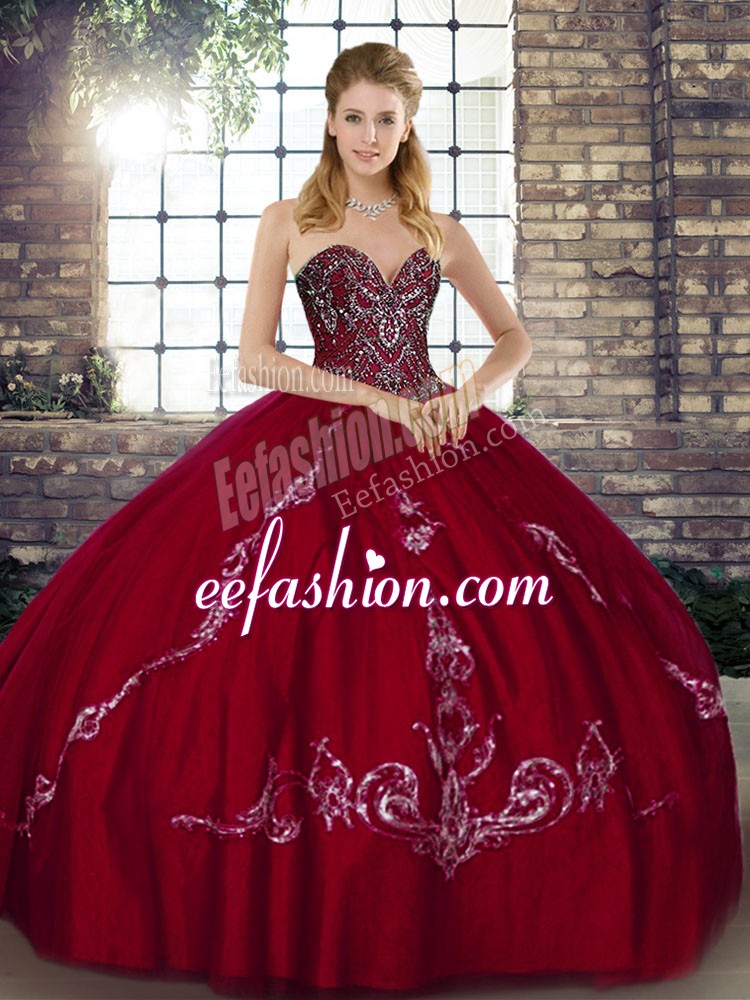 Colorful Sweetheart Sleeveless Quinceanera Gown Floor Length Beading and Embroidery Wine Red Tulle