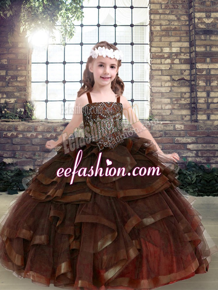 Fashionable Brown Straps Neckline Beading and Ruffles Kids Pageant Dress Sleeveless Lace Up