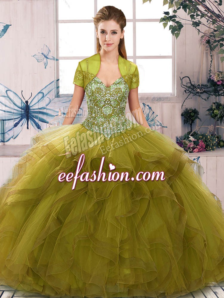 Delicate Off The Shoulder Sleeveless Ball Gown Prom Dress Floor Length Beading and Ruffles Olive Green Tulle