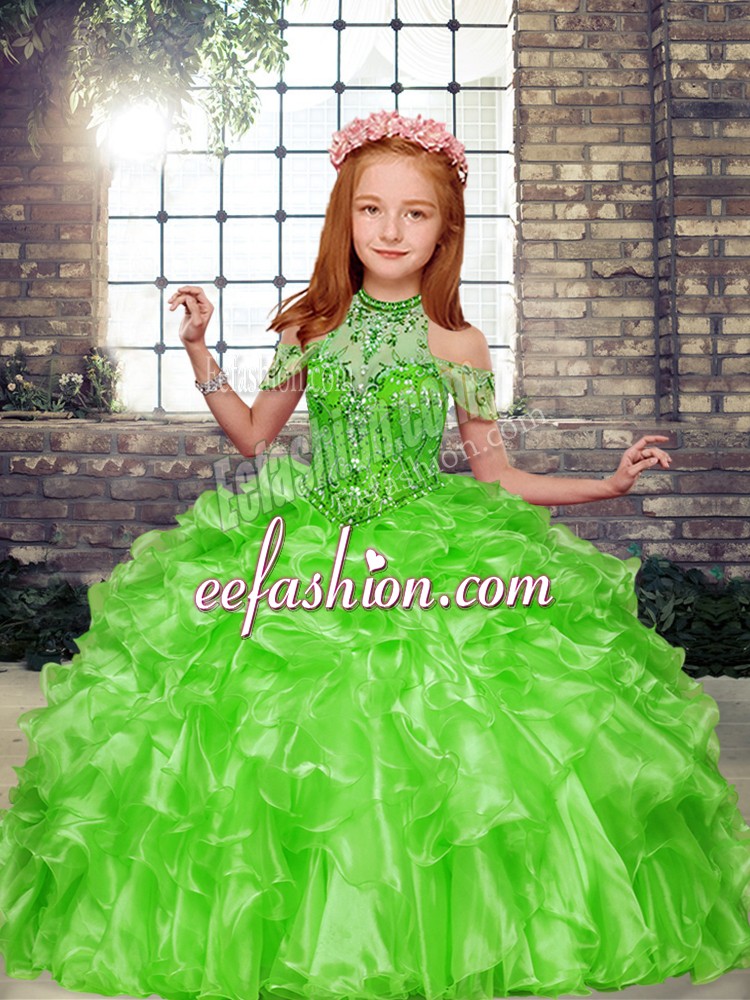 Customized High-neck Lace Up Beading and Ruffles Kids Formal Wear Sleeveless