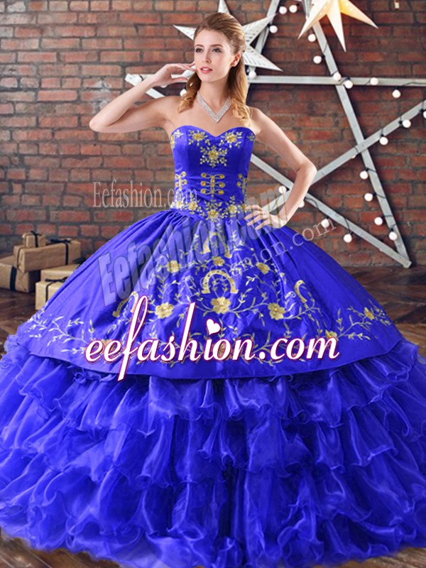Modern Sleeveless Organza Floor Length Lace Up Quince Ball Gowns in Royal Blue with Embroidery and Ruffled Layers