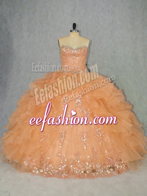  Orange Lace Up Quince Ball Gowns Beading and Ruffles Sleeveless