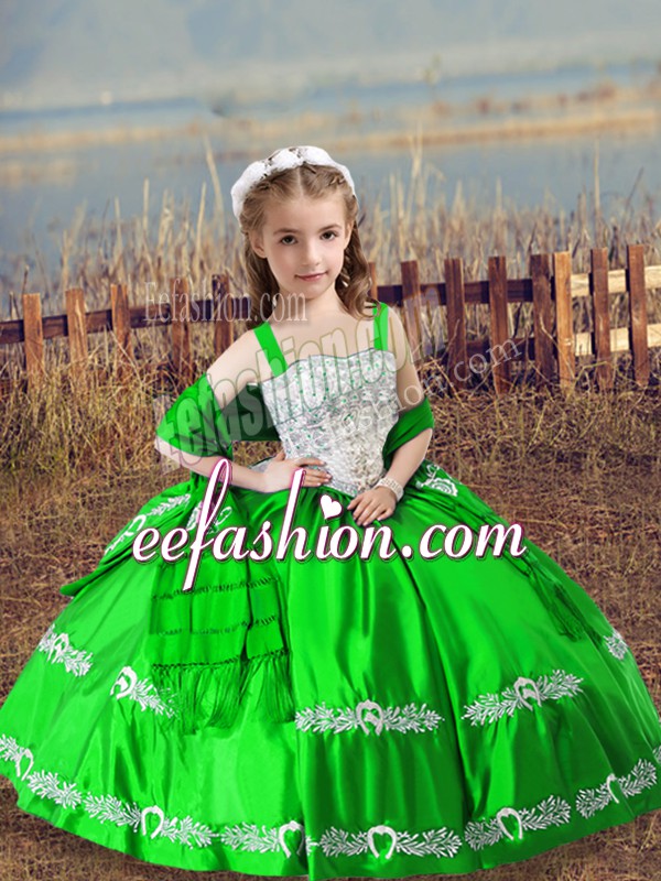  Green Straps Lace Up Beading and Embroidery Kids Pageant Dress Sleeveless