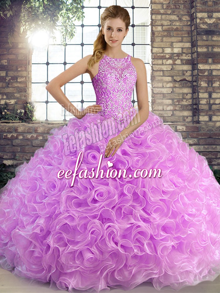  Sleeveless Floor Length Beading Lace Up Quinceanera Gowns with Lilac