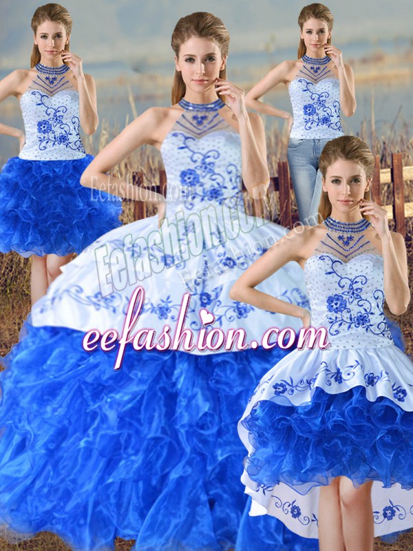Sexy Blue And White Sleeveless Embroidery and Ruffles Floor Length 15 Quinceanera Dress