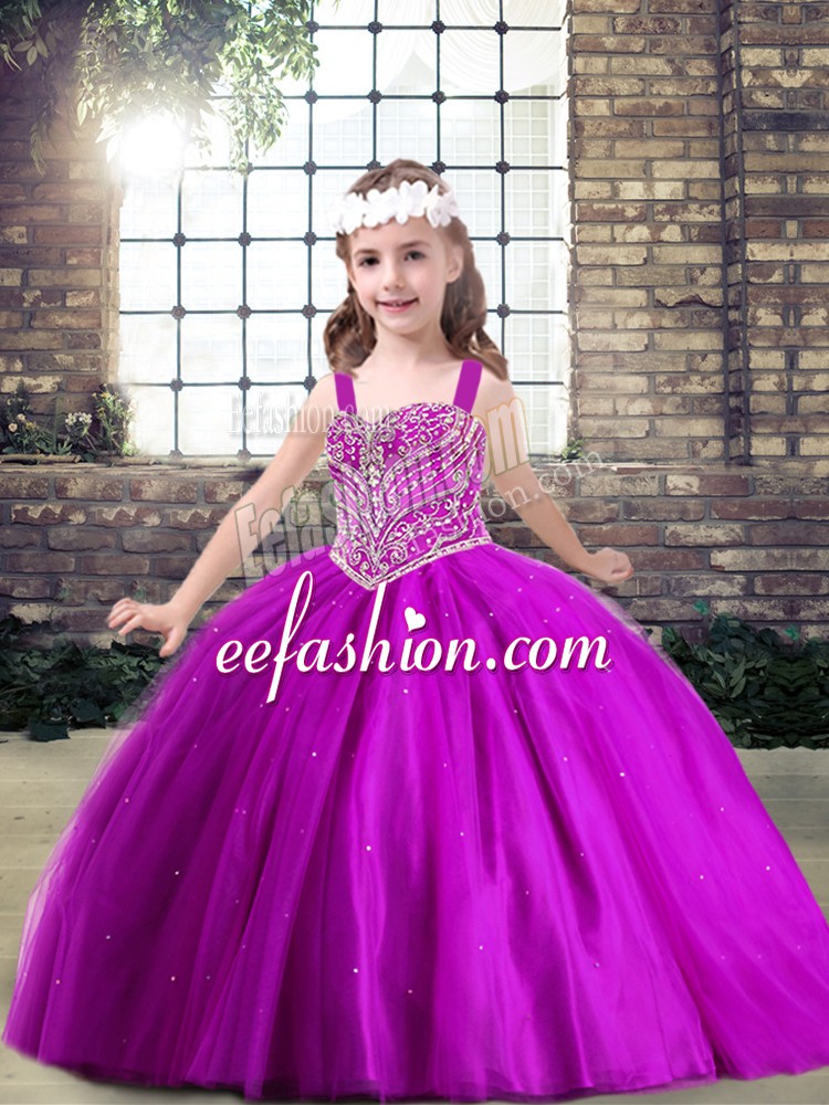 Customized Ball Gowns Girls Pageant Dresses Fuchsia Straps Tulle Sleeveless Floor Length Lace Up