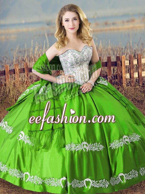 Best Selling Sleeveless Satin Floor Length Lace Up Sweet 16 Dress in Green with Beading and Embroidery