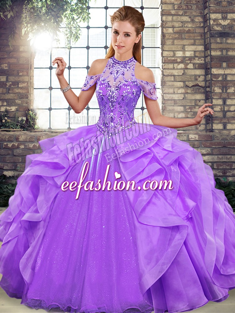  Lavender Halter Top Neckline Beading and Ruffles Quinceanera Dresses Sleeveless Lace Up