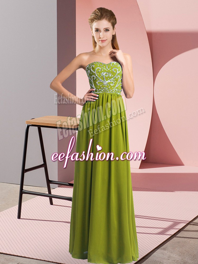 Eye-catching Sleeveless Floor Length Beading Lace Up Homecoming Dress with Olive Green