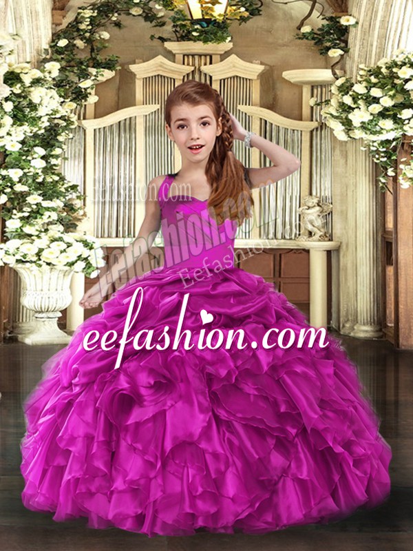  Sleeveless Organza Floor Length Lace Up Girls Pageant Dresses in Fuchsia with Ruffles