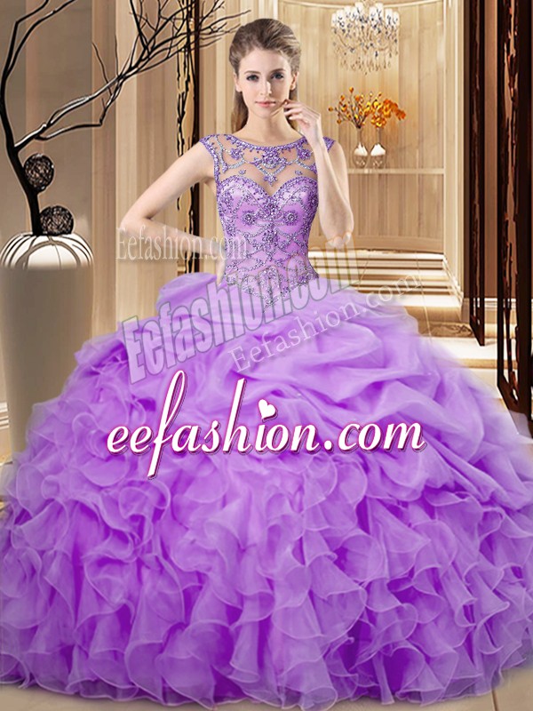 Sophisticated Lavender Ball Gowns Organza Scoop Sleeveless Beading and Ruffles and Pick Ups Floor Length Lace Up Quinceanera Dress